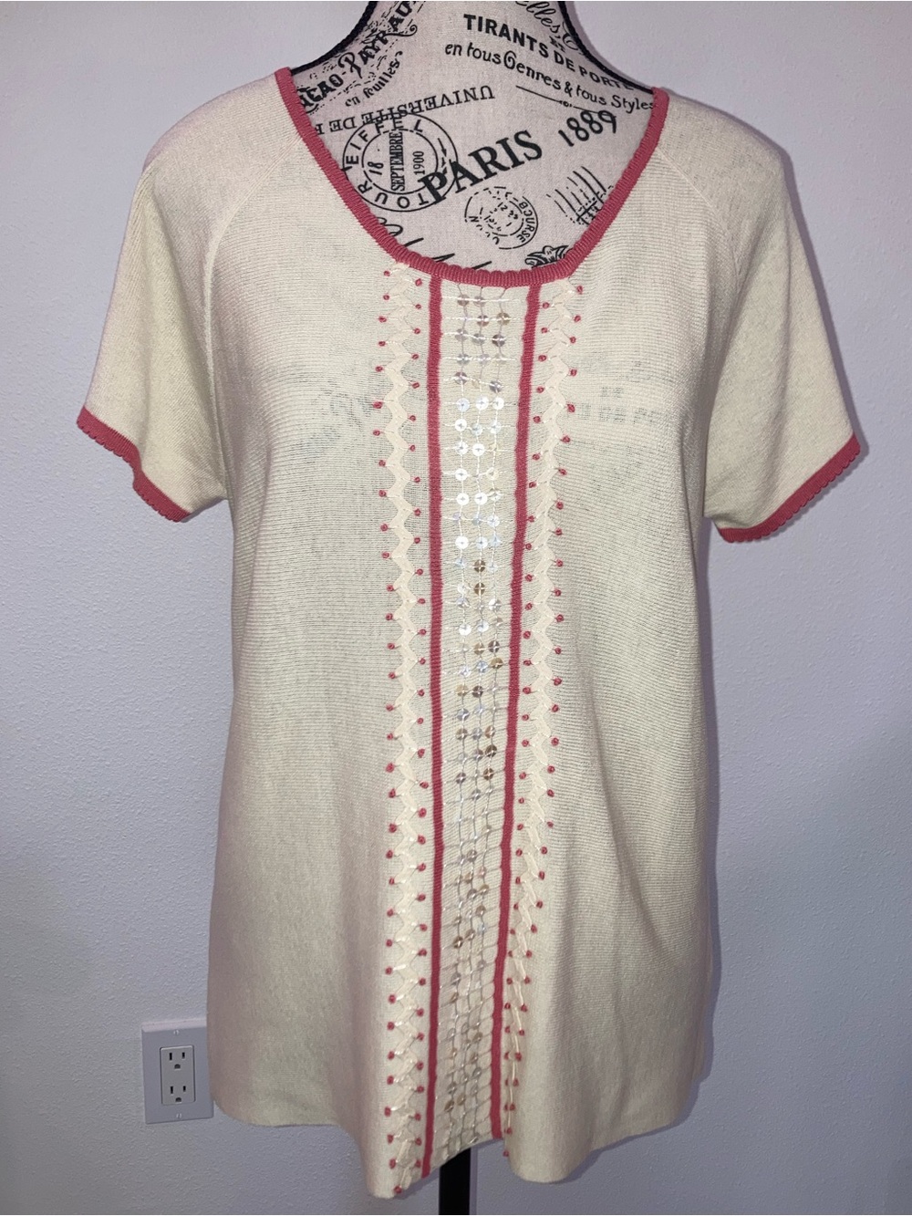 J.Jill Silk Cotton Sequin Short Sleeve Cream Blouse Pink Scallop Trim Medium